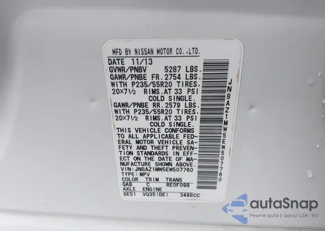 2014 Nissan Murano Le from USA, damaged, VIN JN8AZ1MW5EW507760